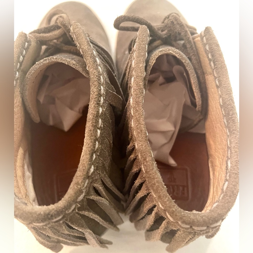 Frye Grayish Taupe Suede Fringe High-Top Boots - Picture 10 of 15